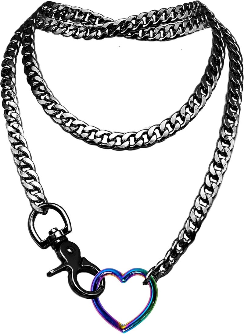 paloli Women's Slip Chain Rainbow Heart O-Ring Chunky Chain Necklace, Rays Cuban Long Layered Jewelry, Adjustable Lariat Y-Necklace Heart Loop Choker - Image 1
